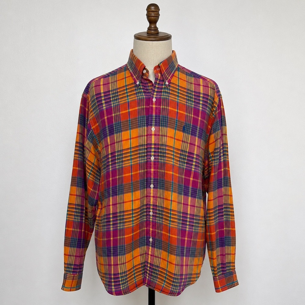 Ralph Lauren Custom Fit Linen Silk Plaid Button Down Shirt Mens Large Orange